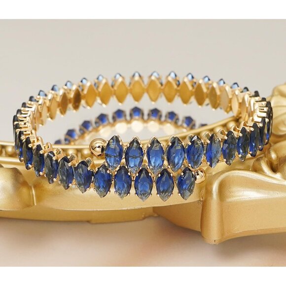 Gold Blue Rhinestone Cuff Bracelet Cubic Zirconia Tennis Bracelets for Women - Picture 7 of 7